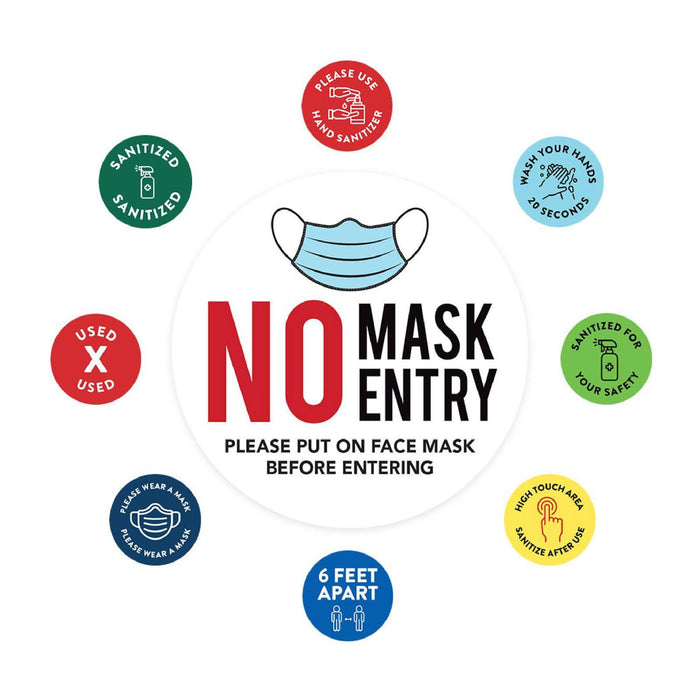 Face Mask Required For Entry, Social Distancing Business Signs, Round Circle Vinyl Sticker Decals-Set of 50-Andaz Press-Face Masks Must Upon Entering-
