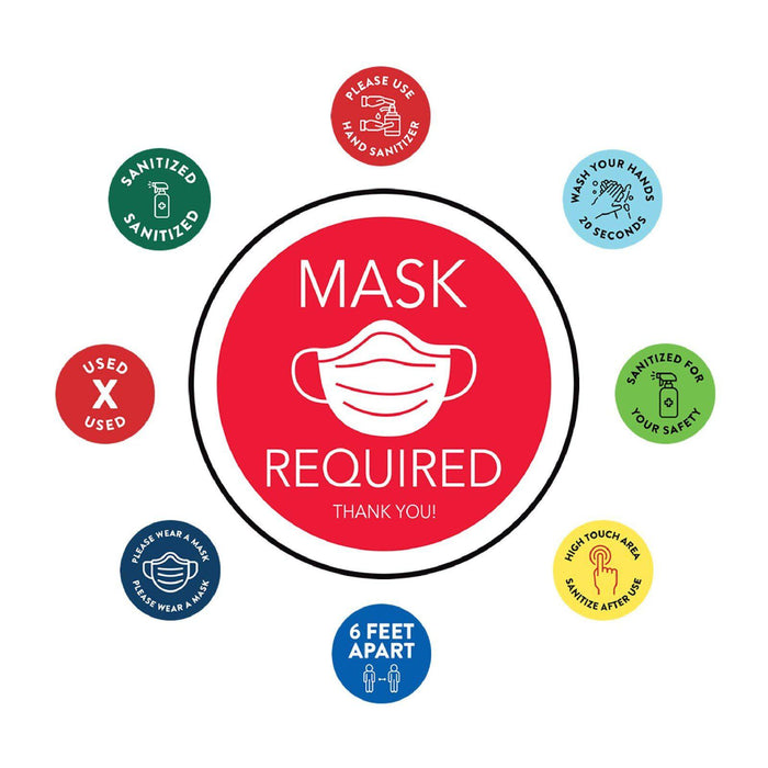 Face Mask Required For Entry, Social Distancing Business Signs, Round Circle Vinyl Sticker Decals-Set of 50-Andaz Press-Face Masks Must Upon Entering-