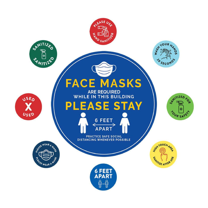 Face Mask Required For Entry, Social Distancing Business Signs, Round Circle Vinyl Sticker Decals-Set of 50-Andaz Press-Face Masks Must Upon Entering-