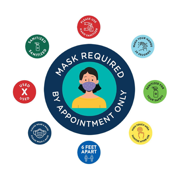 Face Mask Required For Entry, Social Distancing Business Signs, Round Circle Vinyl Sticker Decals-Set of 50-Andaz Press-Face Masks Must Upon Entering-