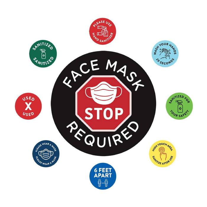 Face Mask Required For Entry, Social Distancing Business Signs, Round Circle Vinyl Sticker Decals-Set of 50-Andaz Press-Face Masks Must Upon Entering-