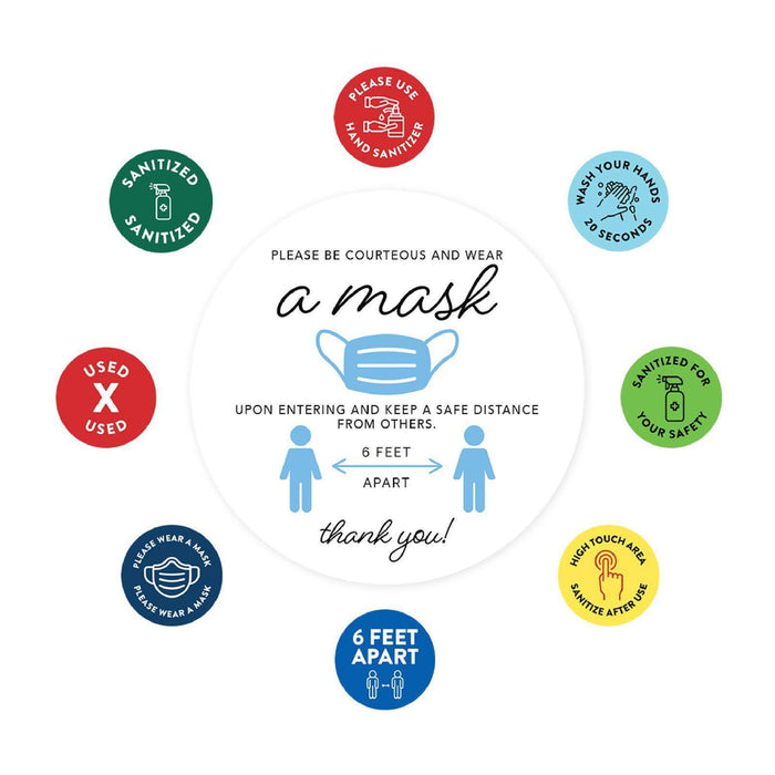 Face Mask Required For Entry, Social Distancing Business Signs, Round Circle Vinyl Sticker Decals-Set of 50-Andaz Press-Face Masks Must Upon Entering-