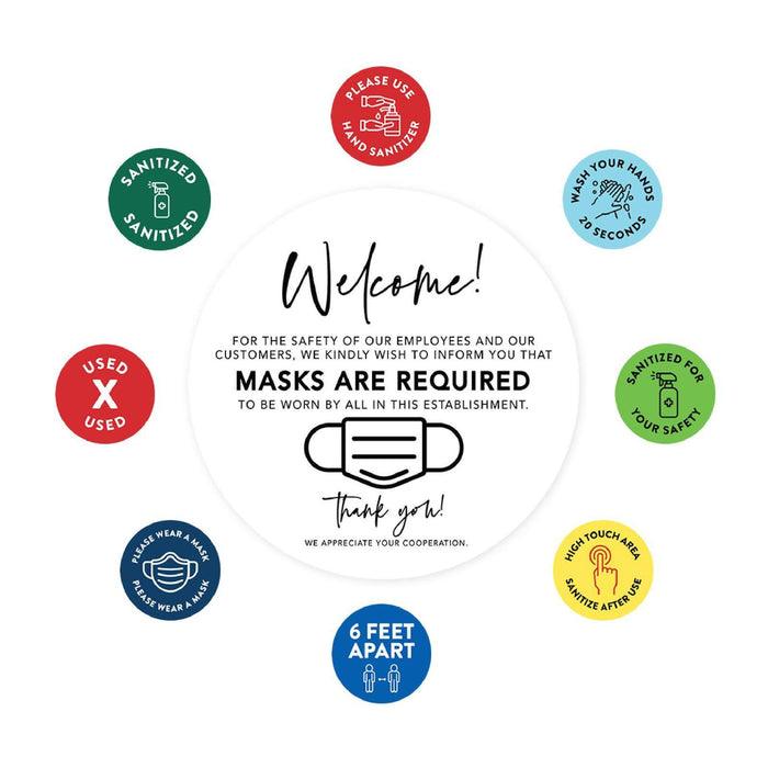 Face Mask Required For Entry, Social Distancing Business Signs, Round Circle Vinyl Sticker Decals-Set of 50-Andaz Press-Face Masks Must Upon Entering-