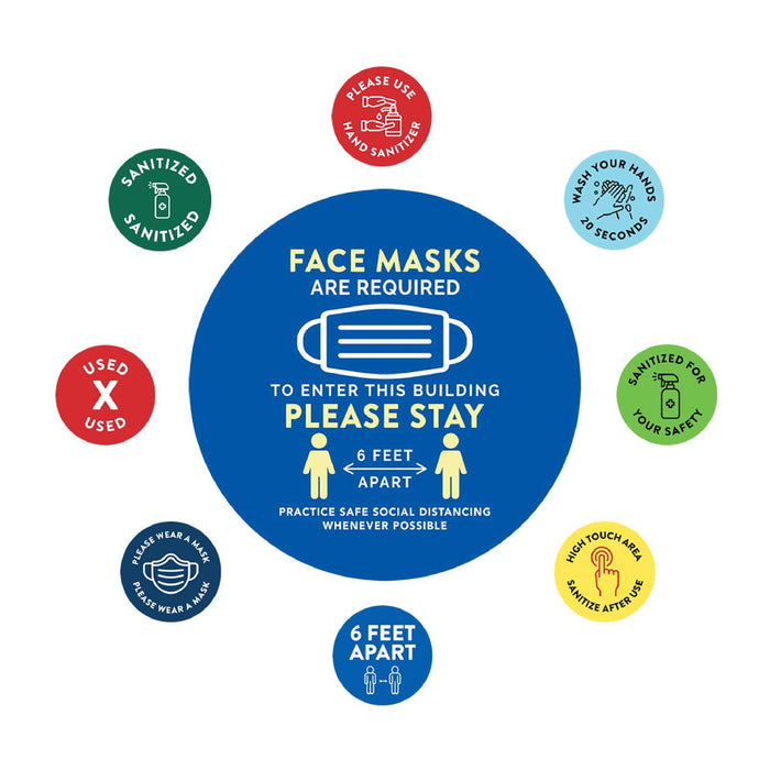 Face Mask Required For Entry, Social Distancing Business Signs, Round Circle Vinyl Sticker Decals-Set of 50-Andaz Press-Face Masks Must Upon Entering-
