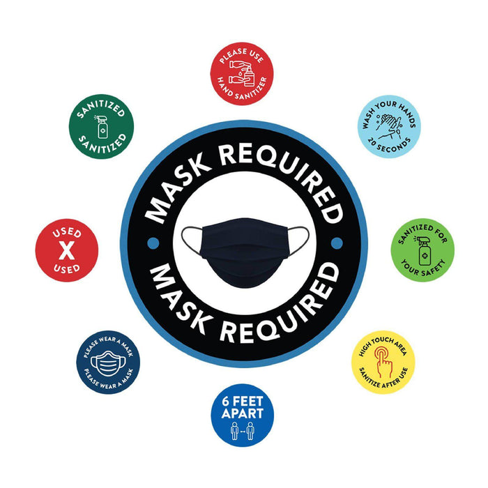 Face Mask Required For Entry, Social Distancing Business Signs, Round Circle Vinyl Sticker Decals-Set of 50-Andaz Press-Mask Required Blue/Black-