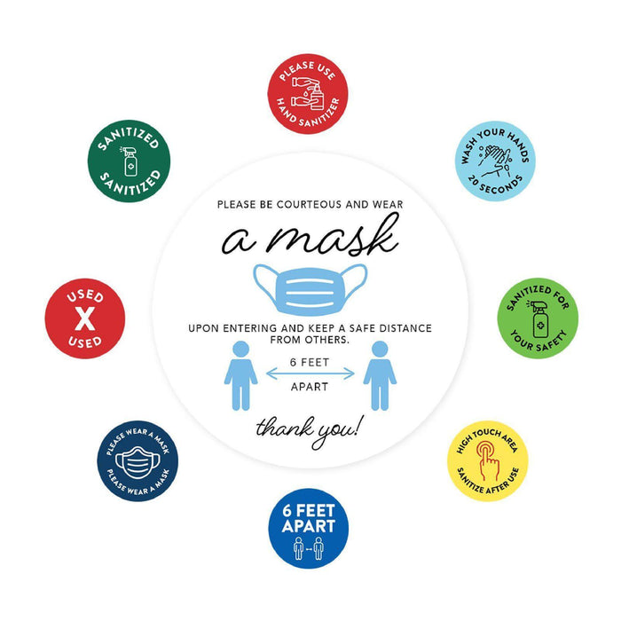 Face Mask Required For Entry, Social Distancing Business Signs, Round Circle Vinyl Sticker Decals-Set of 50-Andaz Press-Please Be Courteous-