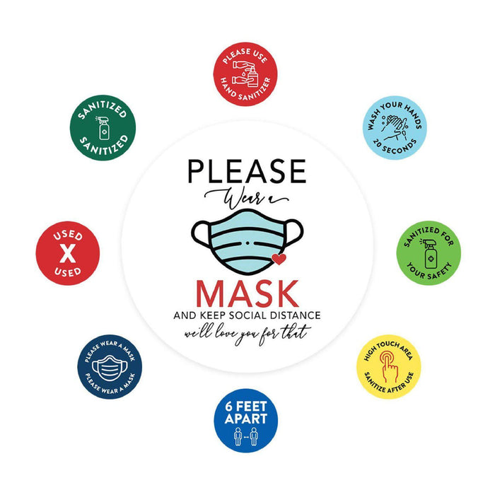 Face Mask Required For Entry, Social Distancing Business Signs, Round Circle Vinyl Sticker Decals-Set of 50-Andaz Press-Please Wear A Mask-