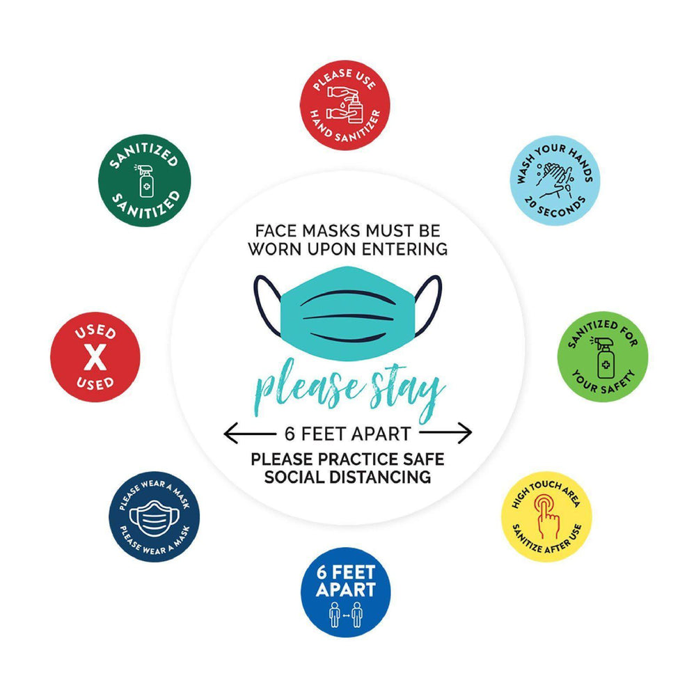 Face Mask Required For Entry, Social Distancing Business Signs, Round Circle Vinyl Sticker Decals-Set of 50-Andaz Press-Face Masks Must Upon Entering-