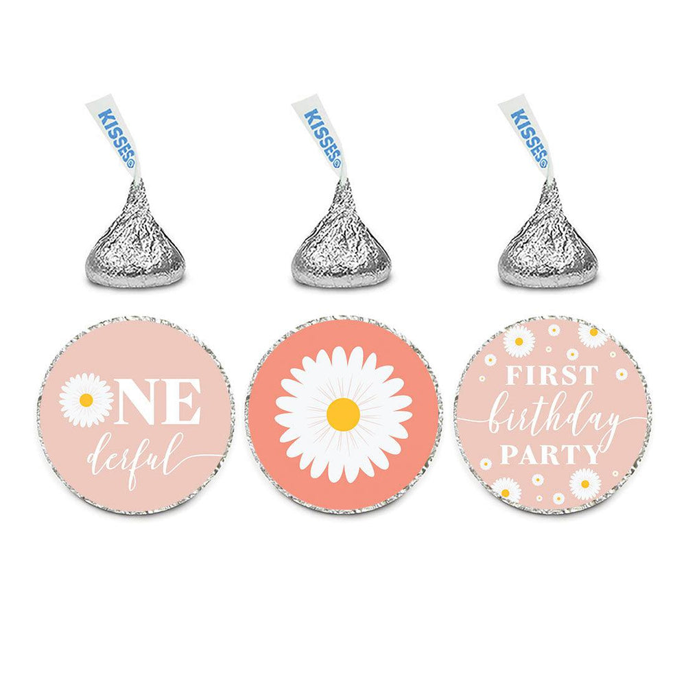 First Birthday Chocolate Drop Label Stickers for Kisses, Kids Birthday Favors-Set of 240-Andaz Press-Daisy-