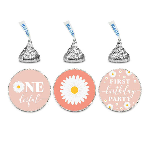 First Birthday Chocolate Drop Label Stickers for Kisses, Kids Birthday Favors-Set of 240-Andaz Press-Daisy-