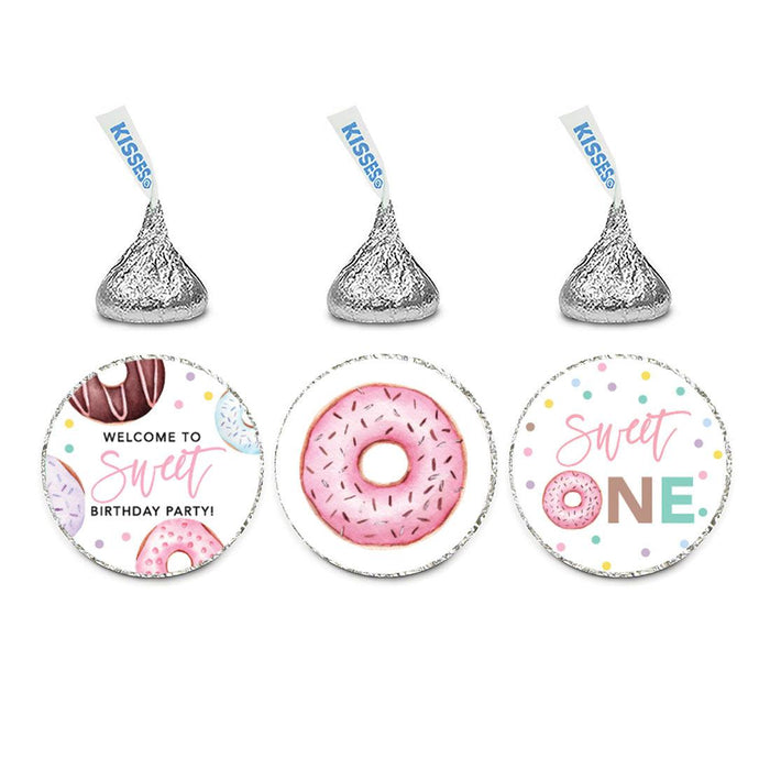 First Birthday Chocolate Drop Label Stickers for Kisses, Kids Birthday Favors-Set of 240-Andaz Press-Donut-