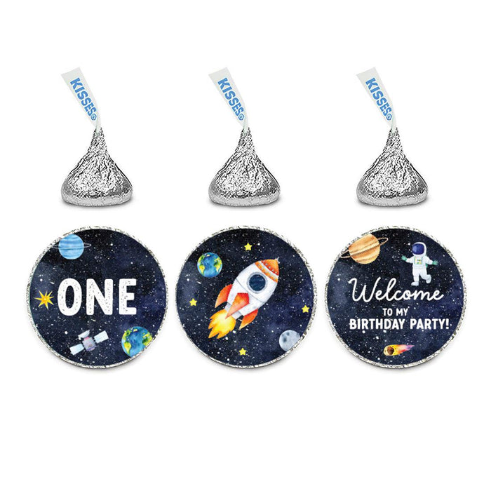First Birthday Chocolate Drop Label Stickers for Kisses, Kids Birthday Favors-Set of 240-Andaz Press-Outer Space Astronaut-