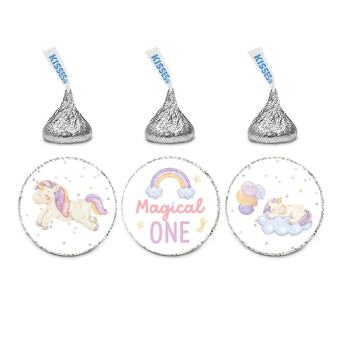 First Birthday Chocolate Drop Label Stickers for Kisses, Kids Birthday Favors-Set of 240-Andaz Press-Unicorn-