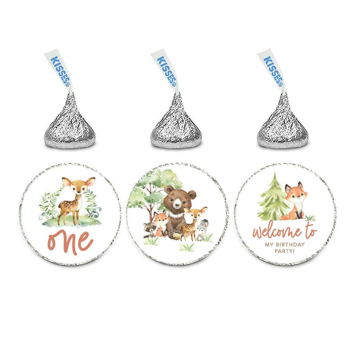First Birthday Chocolate Drop Label Stickers for Kisses, Kids Birthday Favors-Set of 240-Andaz Press-Woodland Animals-