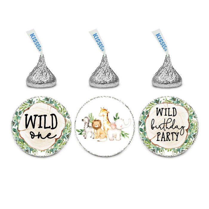 First Birthday Chocolate Drop Label Stickers for Kisses, Kids Birthday Favors-Set of 240-Andaz Press-Woodland Safari Animals-