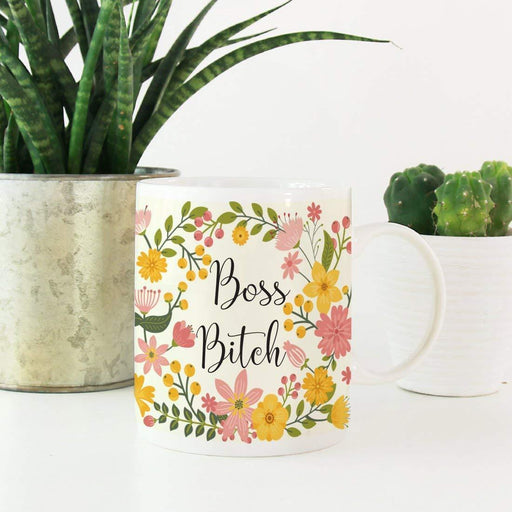 Floral Flowers with Coffee Mug Gift, Boss Bitch-Set of 1-Andaz Press-