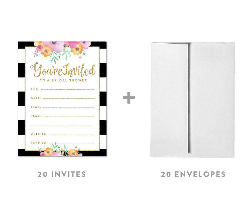Floral Gold Glitter Wedding Blank Bridal Shower Invitations with Envelopes-Set of 20-Andaz Press-