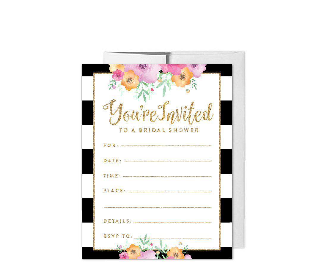 Floral Gold Glitter Wedding Blank Bridal Shower Invitations with Envelopes-Set of 20-Andaz Press-