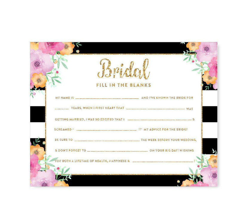 Floral Gold Glitter Wedding Bridal Shower Game Cards-Set of 20-Andaz Press-Fill-In-The-Blank - Bride-