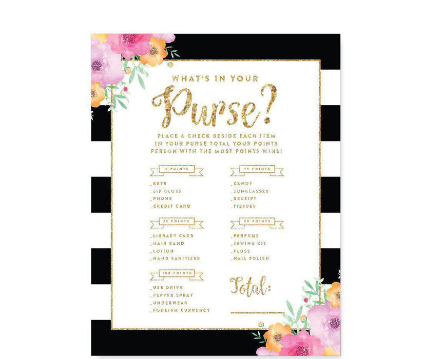 Floral Gold Glitter Wedding Bridal Shower Game Cards-Set of 20-Andaz Press-What's In Your Purse?-