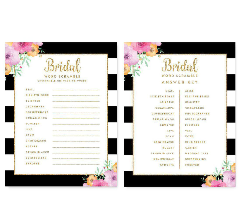 Floral Gold Glitter Wedding Bridal Shower Game Cards-Set of 20-Andaz Press-Word Scramble-