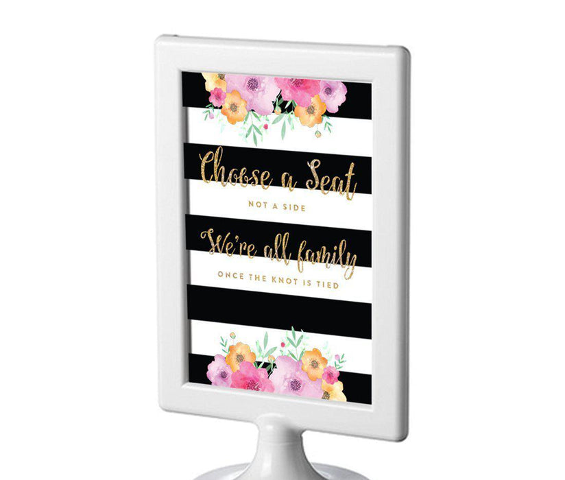 Floral Gold Glitter Wedding Framed Party Signs-Set of 1-Andaz Press-Choose A Seat, Not A Side-