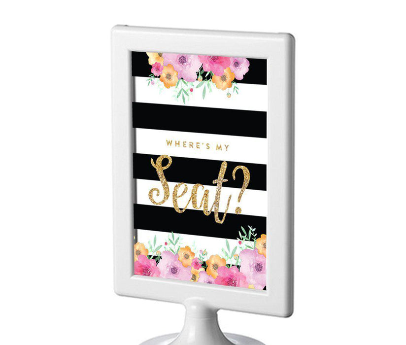 Floral Gold Glitter Wedding Framed Party Signs-Set of 1-Andaz Press-Where Is My Seat?-