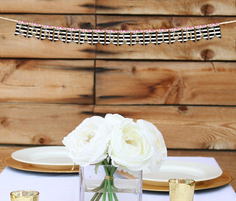 Floral Gold Glitter Wedding Hanging Pennant Party Banner with String-Set of 1-Andaz Press-Congratulations!-