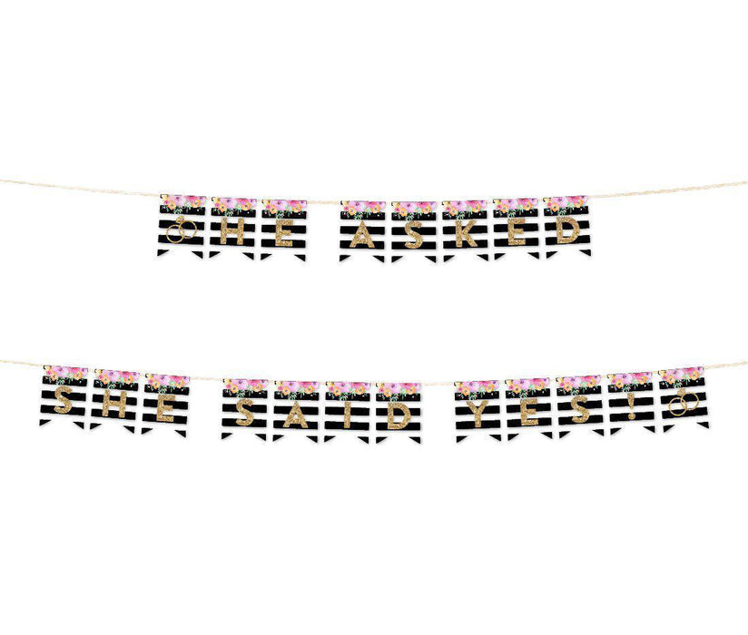 Floral Gold Glitter Wedding Hanging Pennant Party Banner with String-Set of 1-Andaz Press-He Asked, She Said Yes!-