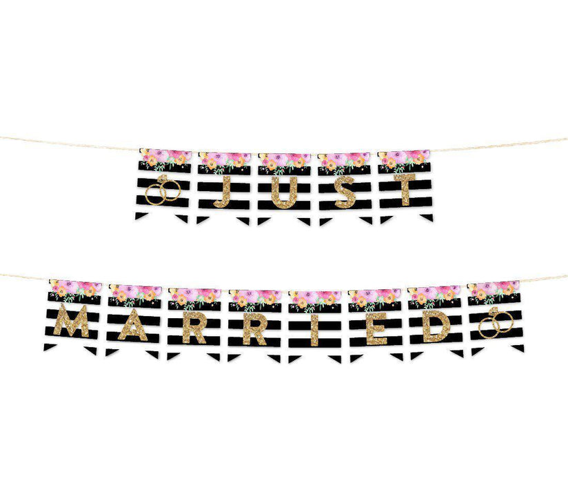 Floral Gold Glitter Wedding Hanging Pennant Party Banner with String-Set of 1-Andaz Press-Just Married-