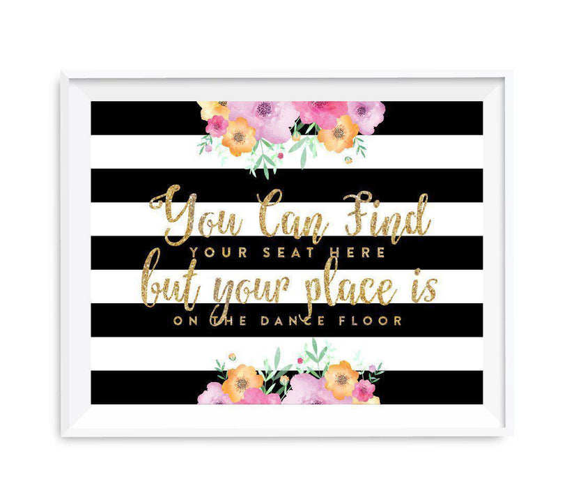 Floral Gold Glitter Wedding Party Signs-Set of 1-Andaz Press-Find Your Seat Here, Place On Dance Floor-