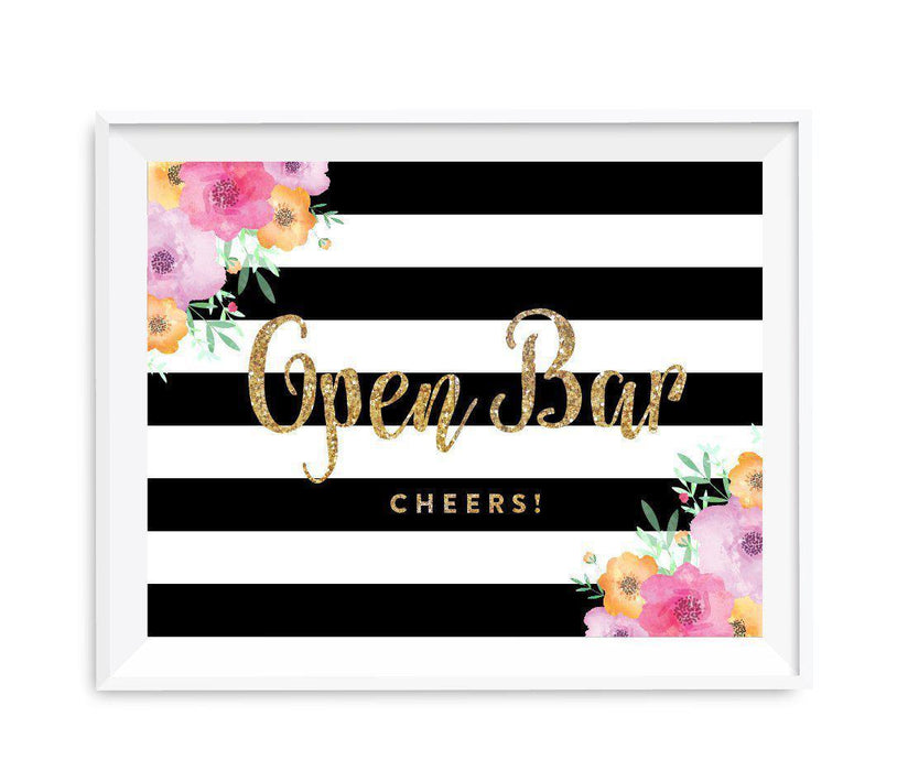 Floral Gold Glitter Wedding Party Signs-Set of 1-Andaz Press-Open Bar Cheers!-
