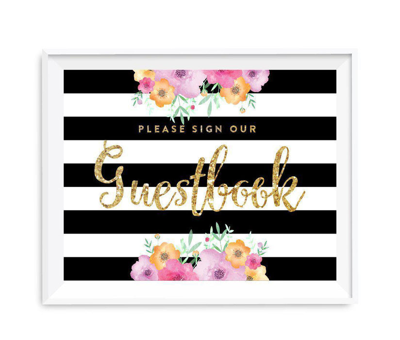 Floral Gold Glitter Wedding Party Signs-Set of 1-Andaz Press-Sign Our Guestbook-