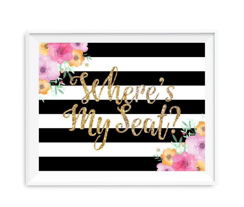 Floral Gold Glitter Wedding Party Signs-Set of 1-Andaz Press-Where Is My Seat?-