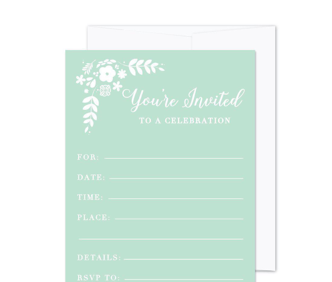 Floral Mint Green Wedding Blank Party Invitations with Envelopes | Andaz Press