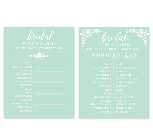 Floral Mint Green Wedding Bridal Shower Game Cards-Set of 20-Andaz Press-What's In Your Purse?-