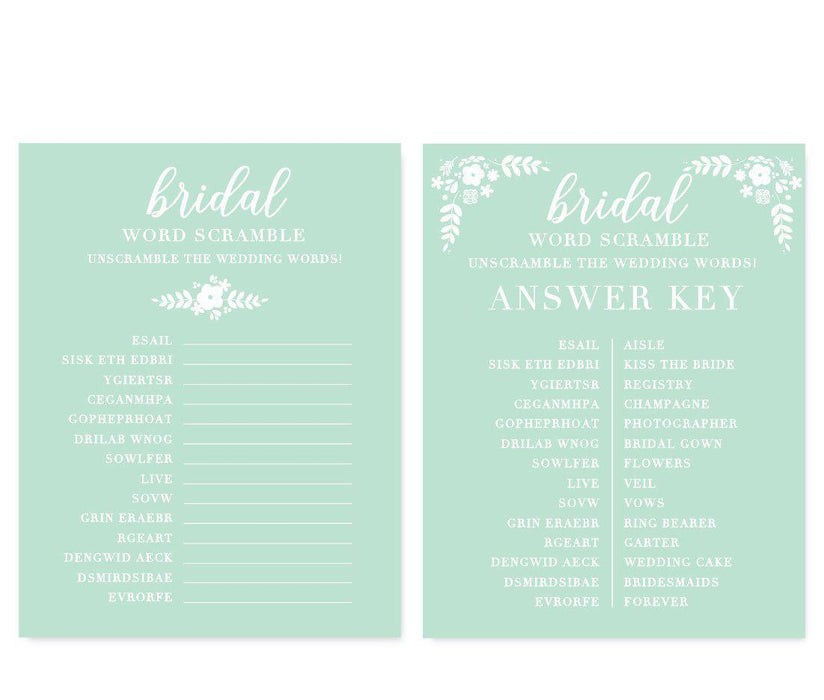 Floral Mint Green Wedding Bridal Shower Game Cards-Set of 20-Andaz Press-What's In Your Purse?-