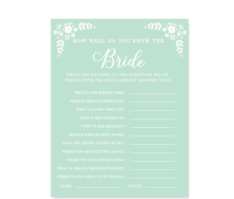 Floral Mint Green Wedding Bridal Shower Game Cards-Set of 20-Andaz Press-What's In Your Purse?-