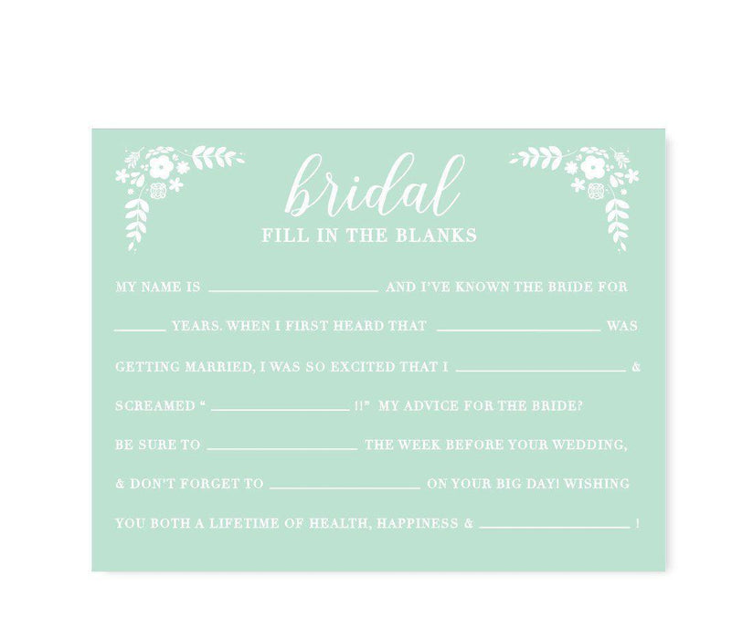 Floral Mint Green Wedding Bridal Shower Game Cards-Set of 20-Andaz Press-Fill-In-The-Blank - Bride-