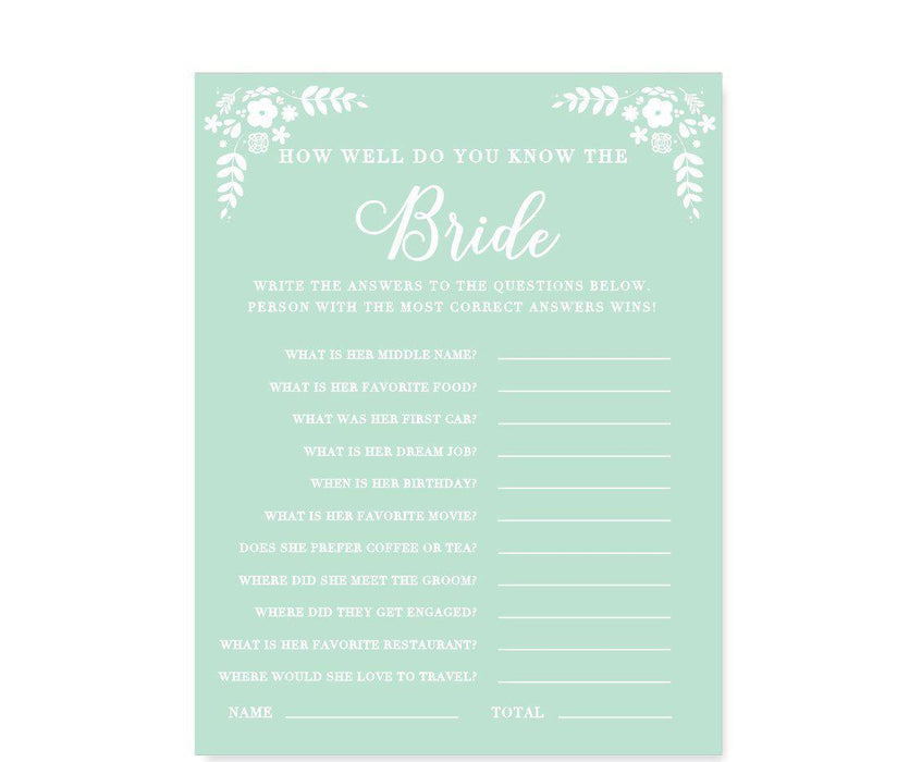 Floral Mint Green Wedding Bridal Shower Game Cards-Set of 20-Andaz Press-How Well Do You Know The Bride?-