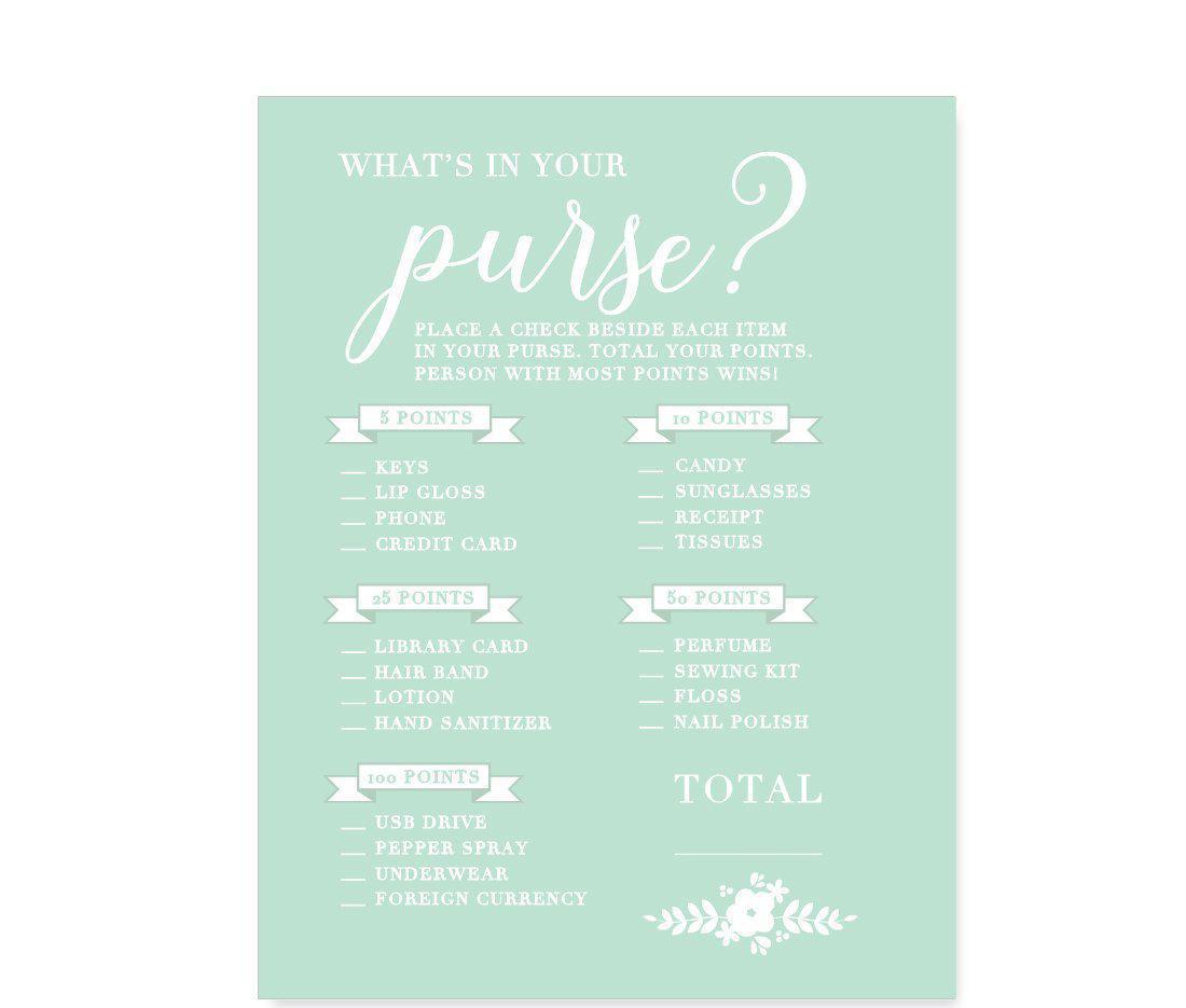 Floral Mint Green Wedding Bridal Shower Game Cards-Set of 20-Andaz Press-What's In Your Purse?-