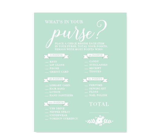Floral Mint Green Wedding Bridal Shower Game Cards-Set of 20-Andaz Press-What's In Your Purse?-