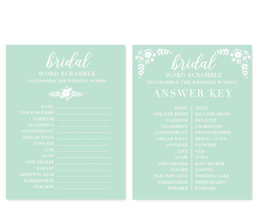 Floral Mint Green Wedding Bridal Shower Game Cards-Set of 20-Andaz Press-Word Scramble-