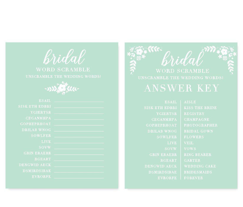 Floral Mint Green Wedding Bridal Shower Game Cards-Set of 20-Andaz Press-Word Scramble-
