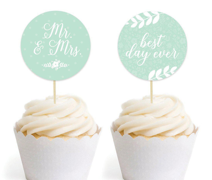 Floral Mint Green Wedding Round Cupcake Topper DIY Party Favors Kit-Set of 20-Andaz Press-