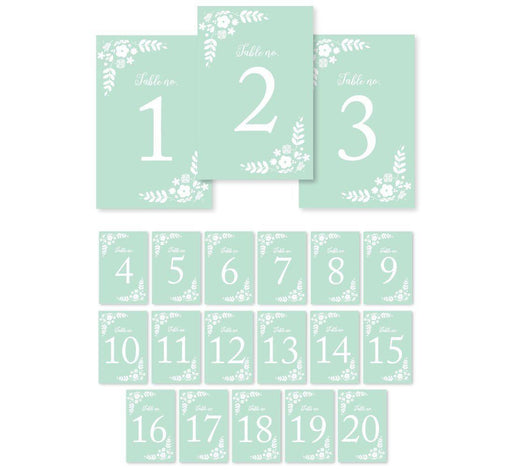 Floral Mint Green Wedding Table Numbers-Set of 20-Andaz Press-1-20-