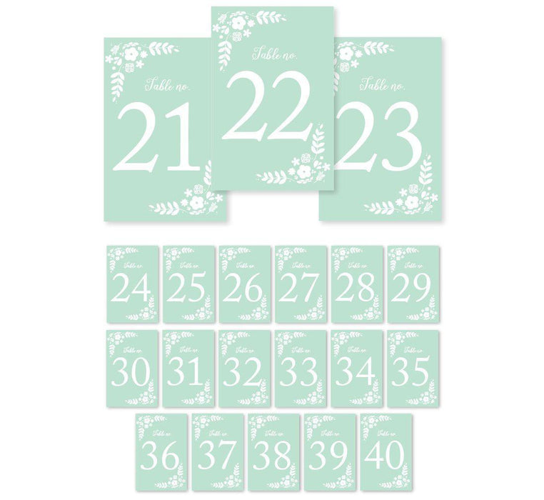 Floral Mint Green Wedding Table Numbers-Set of 20-Andaz Press-21-40-