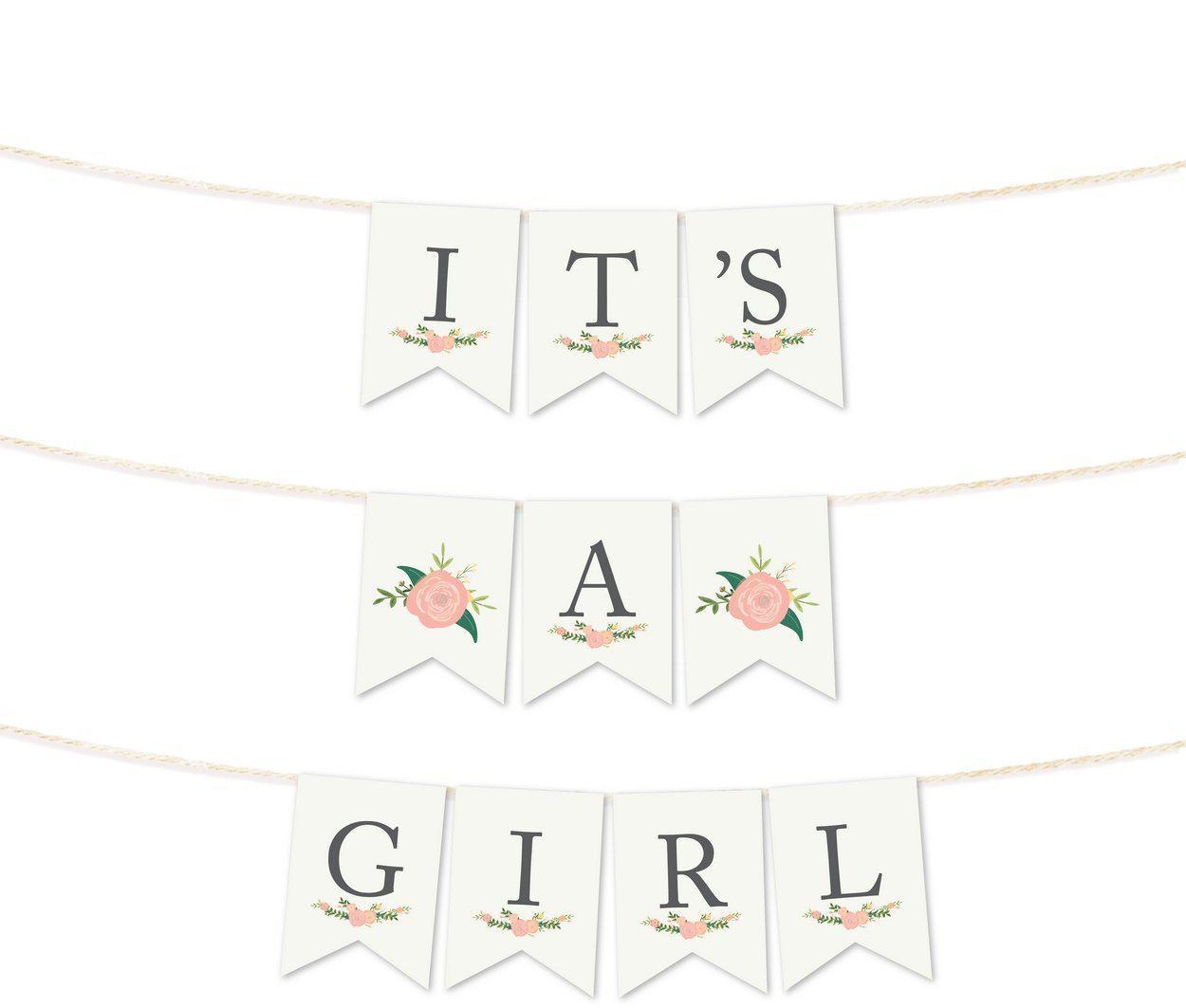 Floral Roses Girl Baby Shower Pennant Party Banner-Set of 1-Andaz Press-It's A Girl!-