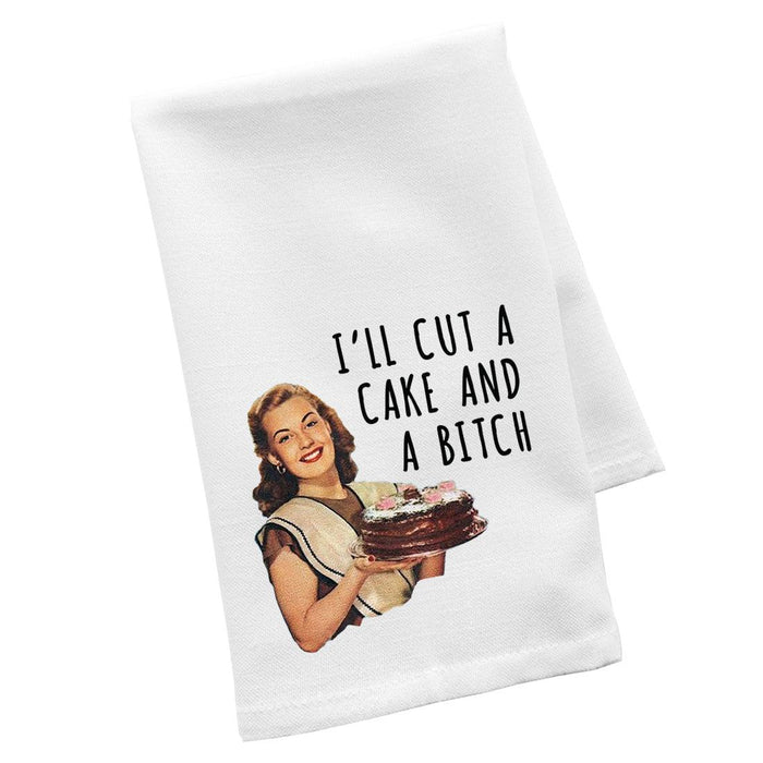 Flour Sack Tea Towels, Kitchen Gifts for Mom, Daughter, Couples, Set of 1-Set of 1-Andaz Press-I'll Cut A Cake And A Bitch-