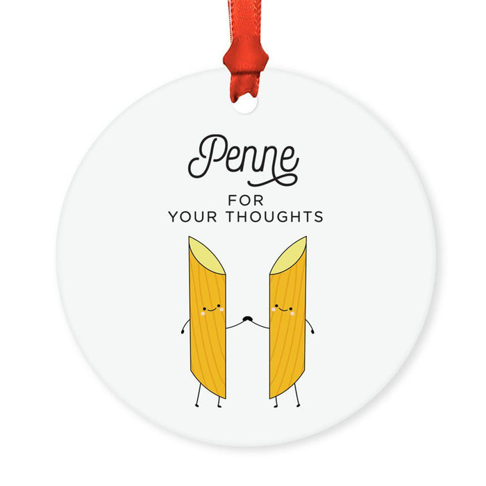 Food Pun 6 Round MDF Wood Christmas Tree Ornaments-set of 1-Andaz Press-Penne-